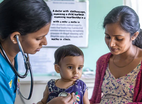 Doctor explaining Rajiv Gandhi Jeevandayee Yojana benefits to patient at government approved hospital