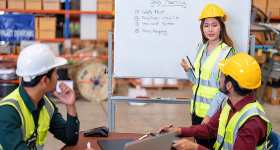 Corporate workplace safety training session covering industrial hazard awareness and emergency response procedures