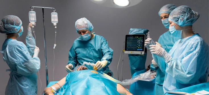 Advanced neurosurgery department performing brain surgery with modern medical equipment