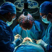 Brain and spine surgery department with neurosurgeon performing advanced neurosurgical procedure in modern operation theatre