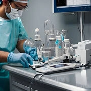 Hospital laboratory technician performing blood test analysis for diagnostic evaluation