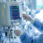 Patient receiving hemodialysis treatment at nephrology department in hospital with medical staff support