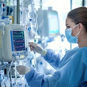ICCU nurse administering critical care medication to cardiac patient in intensive care unit