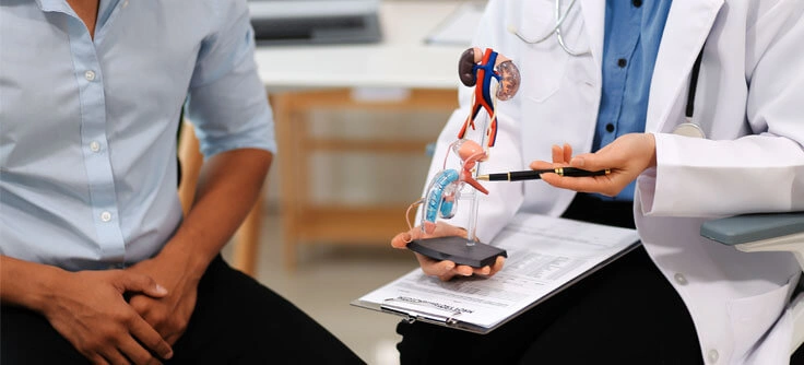 Nephrologist consulting patient at hospital nephrology OPD