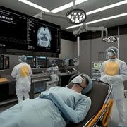 Neurosurgical trauma care team providing emergency treatment for head and spinal injuries in hospital ICU