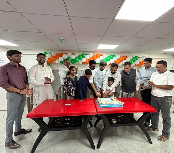 Hospital staff celebrating Vakratunda Hospital anniversary