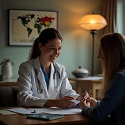 Doctor scheduling follow-up appointment with patient during hospital discharge process