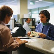 Patient clearing hospital final billing and insurance settlement at billing counter before discharge