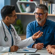 Patient discussing insurance coverage with hospital admission team at reception desk
