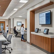 Hospital staff assisting patient at registration desk during admission process with form filling and document verification