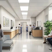 Hospital admission desk staff assisting patient with pre-admission guidance, room availability and insurance verification